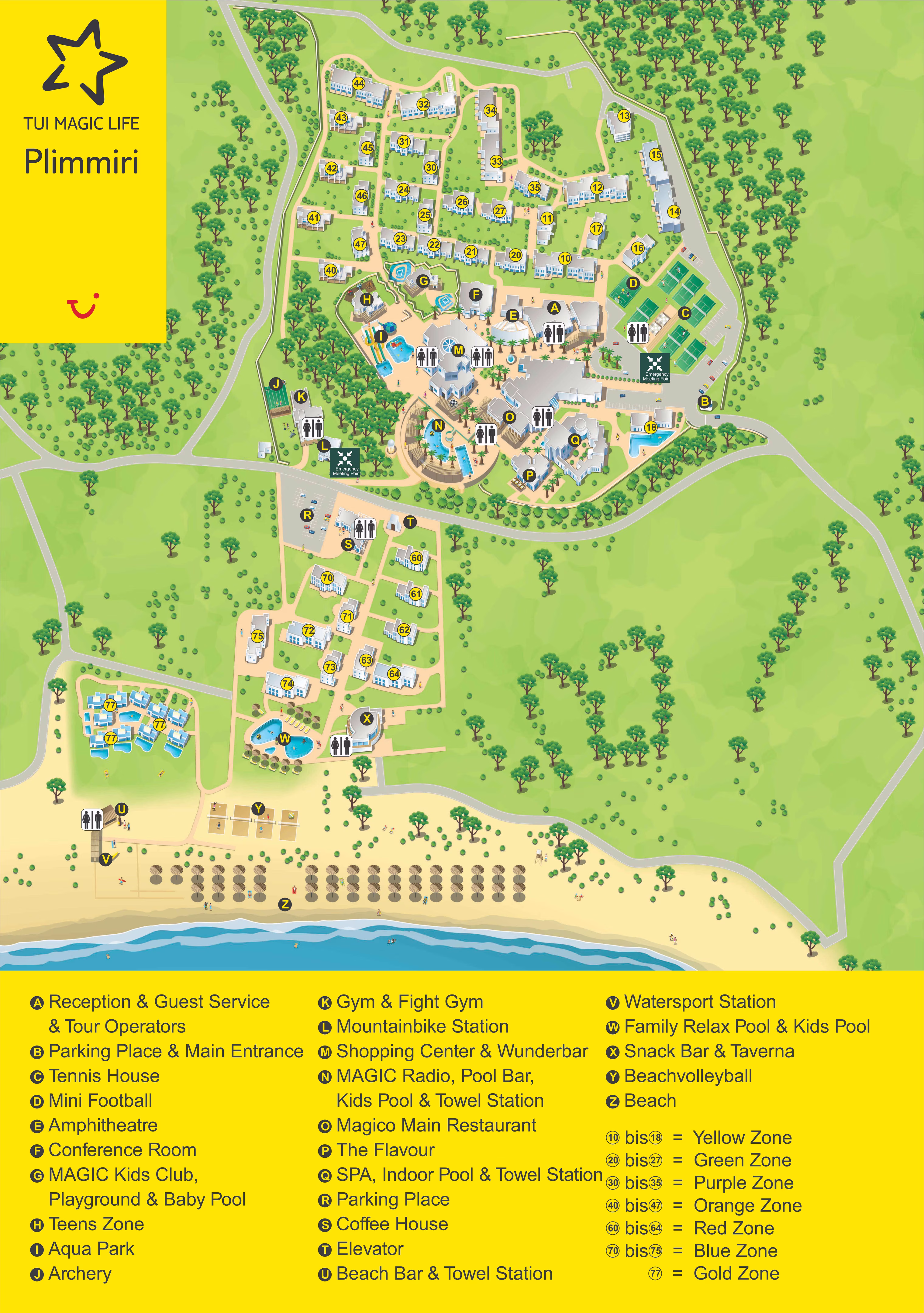 Illustrated Plimmiri resort map with accommodation blocks, pools, restaurants and beach paths
